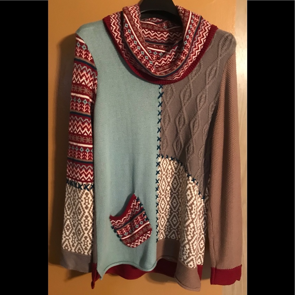 Coldwater Creek Sweater Cowl Neck Grandmacore Patchwork Size Small